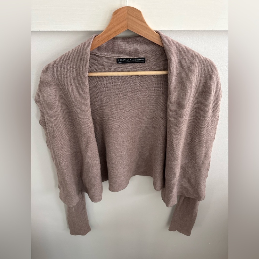 Peruvian Connection Taupe Knit Open Cardigan Shrug Minimalist Sweater Size S